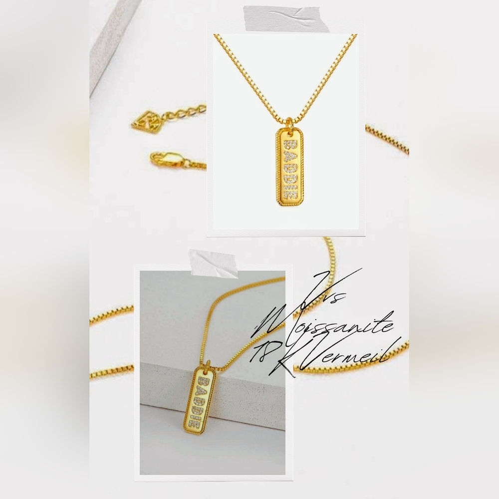 AAQUATIF VVS Moissanite Baddie Tag Necklace • Passes Diamond Tester • 18K Gold V